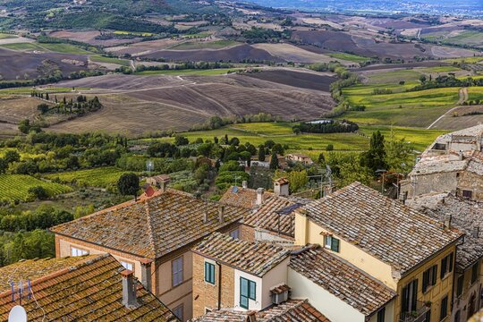 Hilly landscape in Tuscany, view from the upper city wall of Montepulciano, Tuscany, Italy