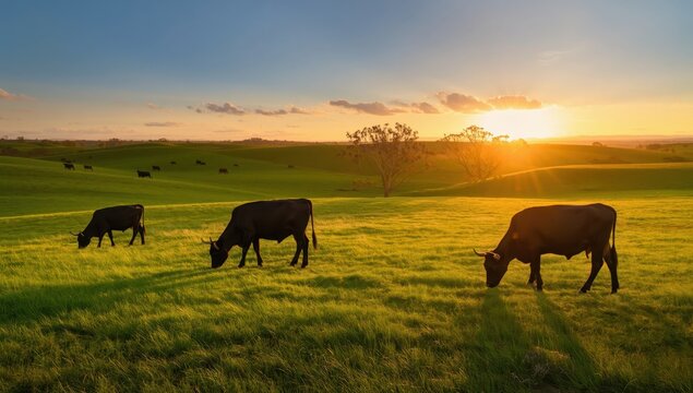 Aussie cattle grazing on grass in a free-range farm, raised sustainably for beef.