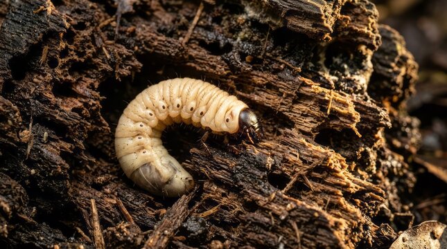 Close-up of a White Caterpillar on Wood Larvae Insect Macro Nature Wood Decay Entomology. Concept featuring larvae, insect, macro, nature, wood for professional commercial design.