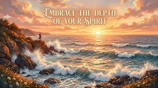 Person on cliff overlooking ocean at sunset, inspirational quote 'Embrace the depth of your spirit' promoting mindfulness and reflection.