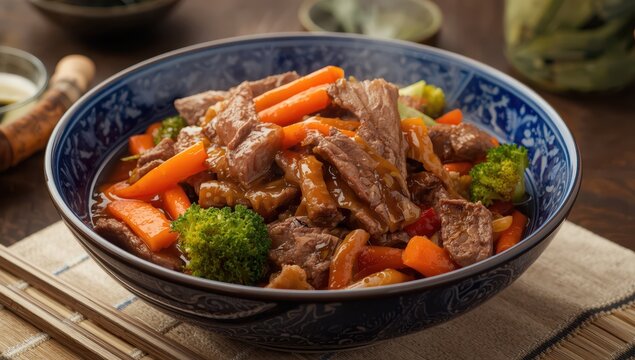 Beef stir-fry with broccoli and carrots in a tasty sauce, presented in a blue bowl.