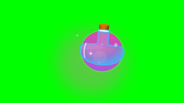 Animated Magic Potion Bottle Floating with Sparkling Particles on Green Screen.