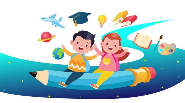 Animated kids student flying on giant pencil background. Back to school, cute boy and girl childhood education concept illustration, school, imagination, knowledge, and educational concepts.