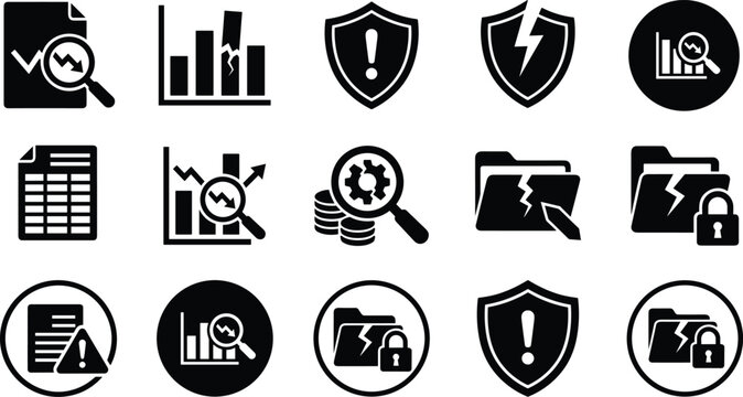 Set of solid icons for financial risk crisis economic recession bankruptcy and data security breach alert,