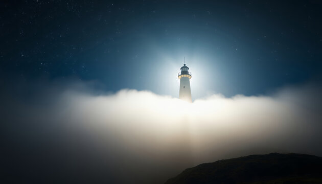 Lighthouse Piercing Through Mystical Night Fog