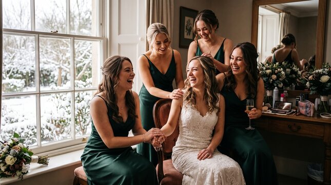 Bride and bridesmaids laughing together in a room with snowy window view