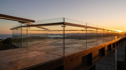Naklejka premium Modern Glass Balcony at Sunset Sunset Glass Architecture Modern Ocean View Outdoor Landscape. Concept featuring sunset, glass, architecture, modern, ocean view for professional commercial design.