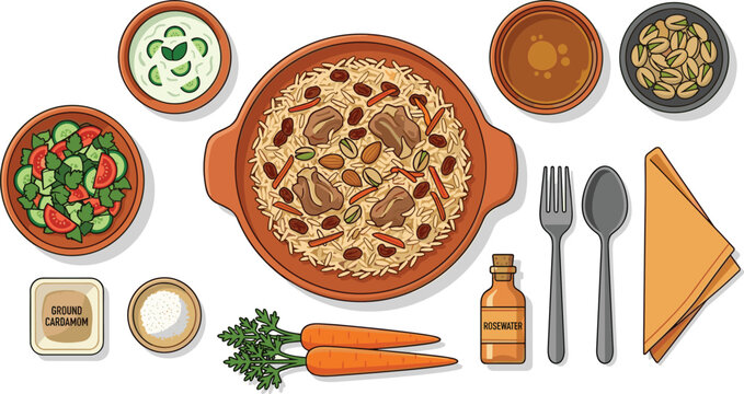 Traditional Middle Eastern Kabsa Rice Food Flat Vector Illustration with Meat, Salad, Nuts, Yogurt Sauce, Cardamom, Rosewater, and Table Setting Elements