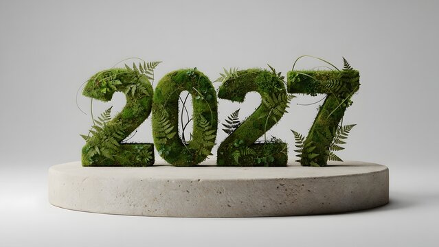 Three dimensional numbers 2027 covered in green moss and ferns on a concrete podium.