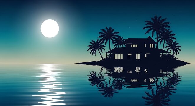 Luxury yacht anchored under full moon at night.
