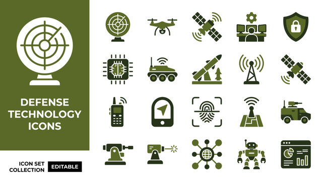 Defense technology icons including radar drones and military equipment