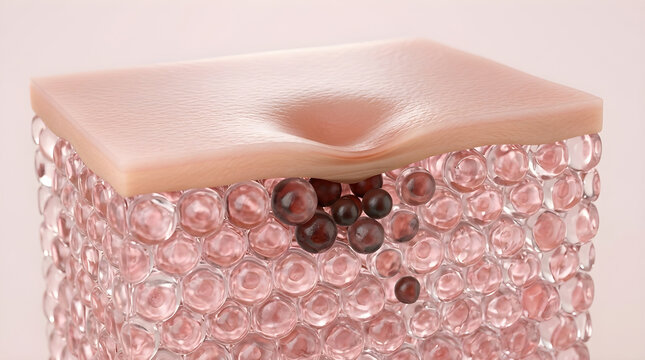 Accumulated melanin clusters weaken the structural matrix to cause deep surface wrinkles and dullness. 3D rendering.