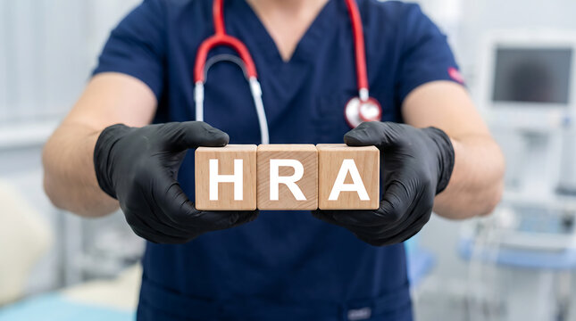 Doctor holding wooden blcoks sess the abbreviation HRA. HRA - Health Reimbursement Arrangement Medical Concept