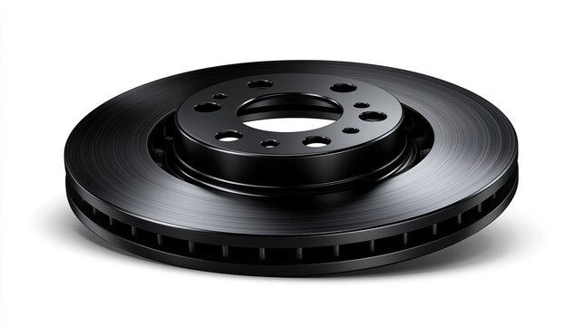 New black vented car brake disc rotor with finely machined surface placed on plain white background shows automotive replacement part for vehicle braking system