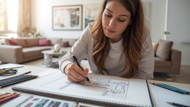 Close-up of a woman illustrating a living room, blending photo and sketch elements.