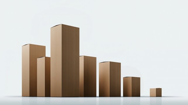 Business growth concept shows brown corrugated cardboard boxes arranged into a bar chart with decreasing height from left to right on plain light gray background
