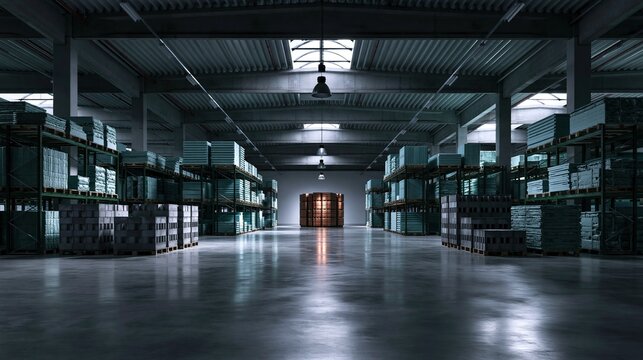 Spacious dimly lit modern building material warehouse with green metal shelving fully stocked with stacked construction blocks and panels along polished concrete central aisle