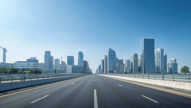Contemporary city skyline under a bright blue sky and clear road.