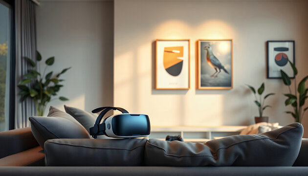 VR Headset on Modern Sofa in Stylish Living Room with Warm Sunlight