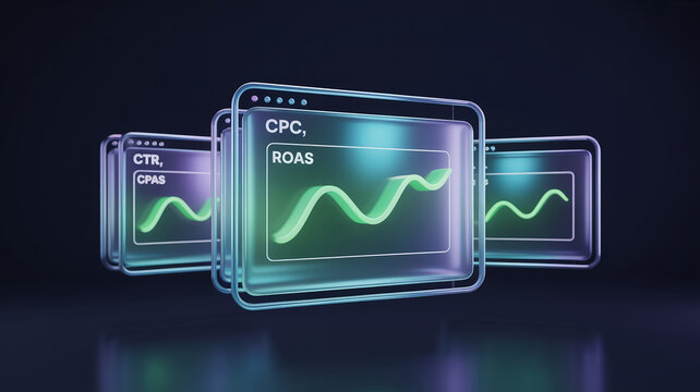 3D floating UI cards with rising CTR, CPC, ROAS metrics, 16:9