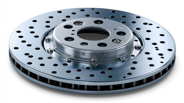 New vented drilled car brake disc rotor with shiny silver metallic finish shown on plain white background shows new automotive replacement braking system part