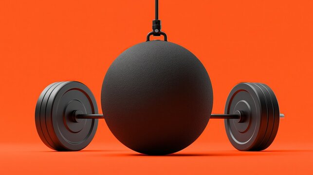 Abstract 3d fitness composition with black suspension training ball placed at center of black barbell against solid bright orange background shows creative fitness concept