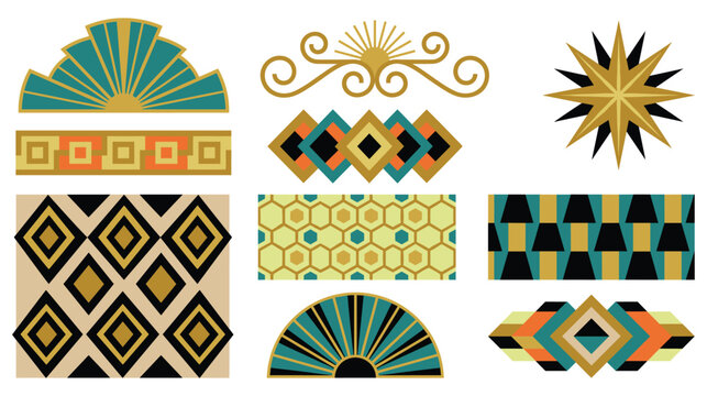 Art deco geometric patterns and borders, vintage ornamental decorative elements.