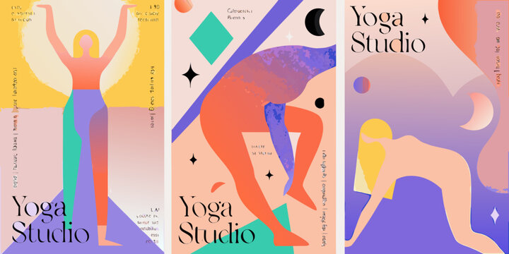 yoga pose silhouette in modern gradient poster female exercise fitness health wellness balance stretching relaxation abstract graphic design illustration colorful