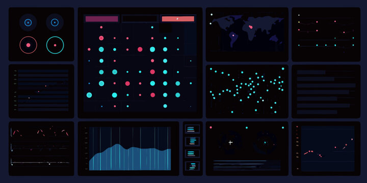 analytics dashboard interface in dark mode with colorful data visualizations visualization charts graphs world map metrics statistics monitoring performance tracking