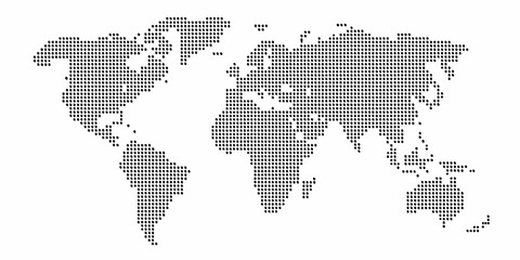 world map silhouette created with black dots on white background geography global continents oceans cartography vector graphic design pattern modern © Dibyendu
