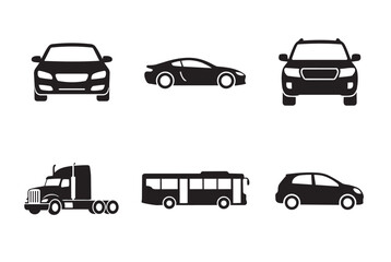Fototapeta premium Set of black silhouette vehicle icons including different types of cars, a bus, and a large semi truck