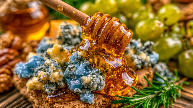 Close up of honey drizzling over blue cheese and grapes with appetizer, delicious