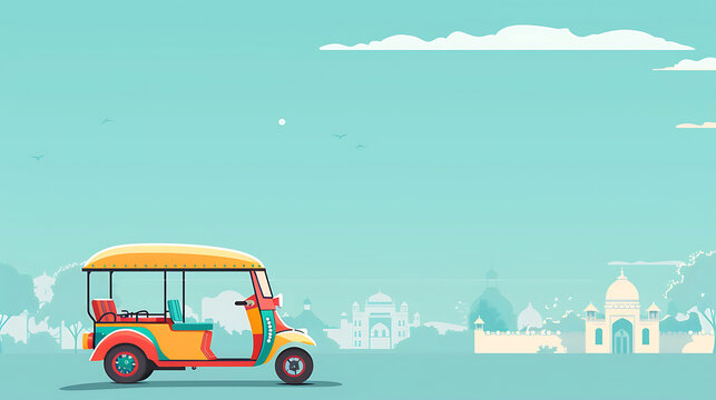 Flat vector illustration of auto rickshaw and palace skyline, large sky copy space for Asian back to school commute and travel posters