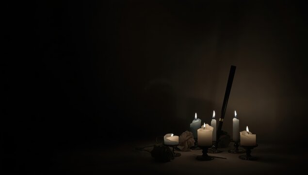 Dimly lit candles in the gloom. A display of grief.