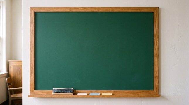 Empty green chalkboard with wooden frame. Blank school blackboard for educational text.