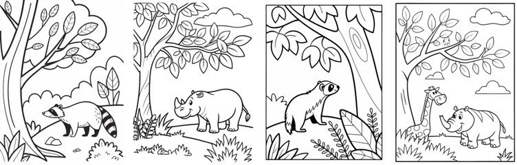 Wild animal coloring book pages set featuring cartoon line art scenes of a raccoon, rhinoceros, badger, and dinosaur © Vivid Pixel Studio.