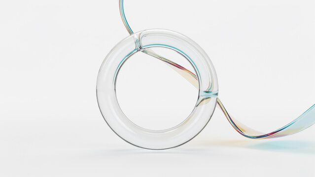 Transparent glass ring with colorful liquid ribbon abstract background fluid water