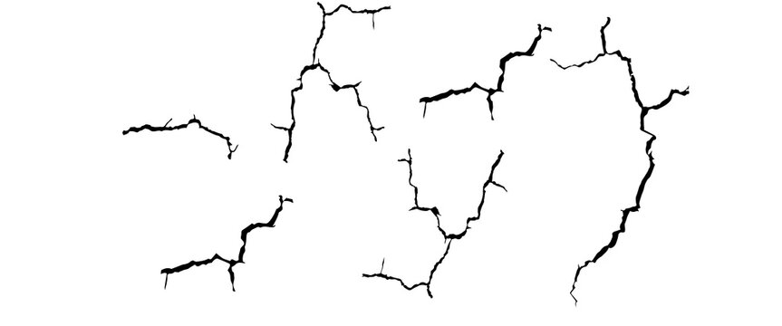 Surface cracks and fissures in ground, concrete, crevices from disaster top view. Breaks on land surface from earthquake isolated on white background. Broken ground, wall, glass pattern effect. Damage