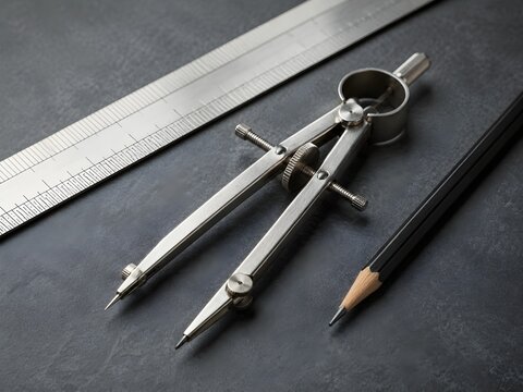 Divider Tool Beside Metal Ruler and Drafting Pencil Showcases Classic Technical Drawing Equipment Photography Setup