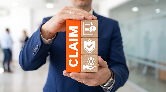 Man holding blocks with icons and text sees word CLAIM. Claims Management Business Department Concept. Registration claim document. New