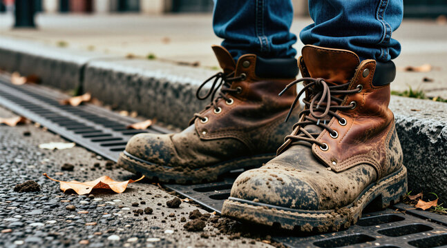 Dirty leather work boots stand on wet city sidewalk near metal drainage grate. Mud caked brown footwear shows traces of hard manual labor after construction site shift. Worker in blue jeans stpic on