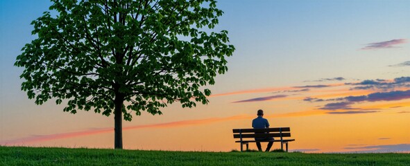 Naklejka premium Mature man sits on wooden bench outdoors under lonely tree at sunset. Person relaxes on green grass hill in park during evening light. Male enjoy peaceful nature scenery, calm silence. Guy