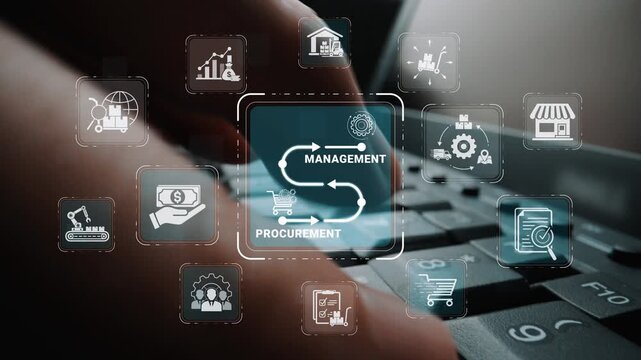 Hands typing on a keyboard with digital icons representing management and procurement concepts in a modern business environment Sigmoid