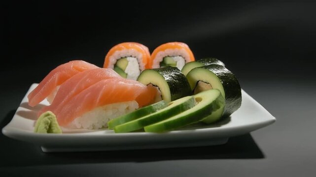 Fresh salmon nigiri sushi platter on a white plate against a dark background