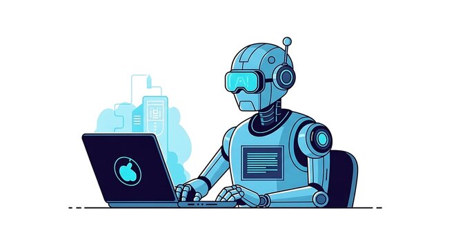 Futuristic robot character operating forklift vehicle.