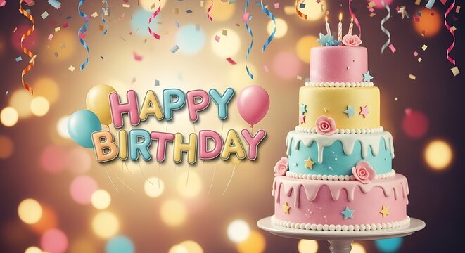 Colorful birthday cake with lit candles and confetti.