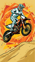 Motocross Rider in Mid-Air Jump, Flat Style Vector Illustration with Dynamic Orange and Yellow Abstract Background, Extreme Sports Action © Fatan Sukarna