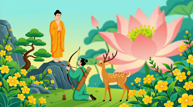 Buddhist monk stands on rock in garden with lotus flowers. Archer hunter kneels with bow, arrow near deer in forest. Illustration ancient scene with spiritual person plus nature landscape for Poson