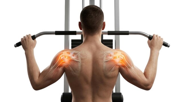 Man exercising shoulders on lat pulldown machine, muscle pain