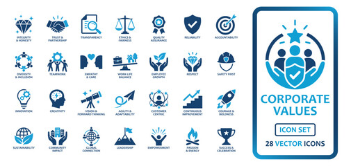 Corporate Values vector icon set. Includes symbols for Integrity, Trust, Diversity, Teamwork, Innovation, and Leadership. Blue flat graphic icons for company culture and business ethics. © Muqarab